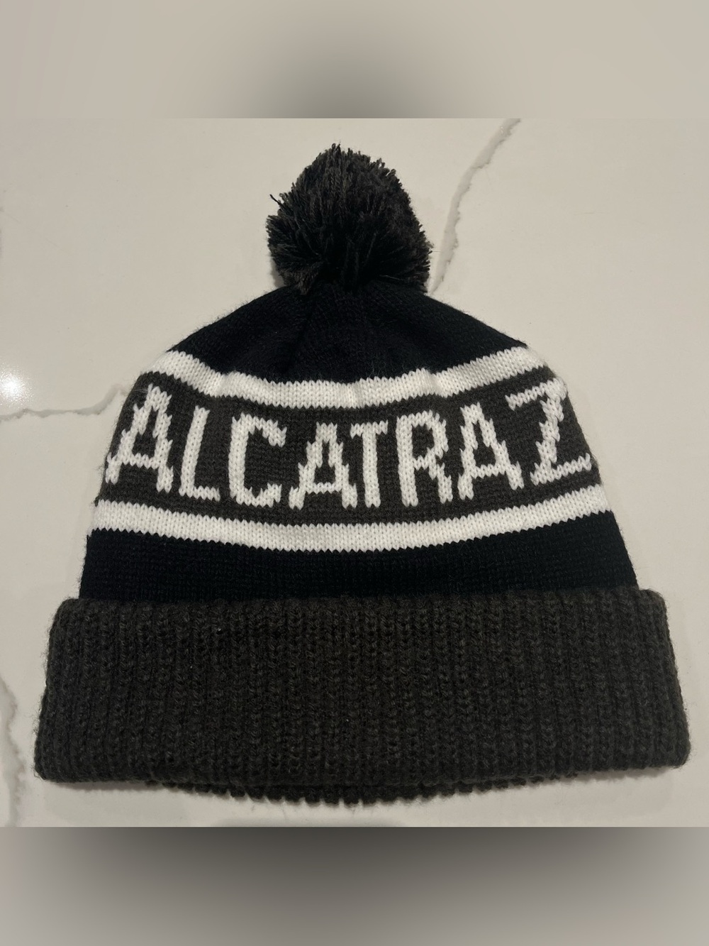 Alcatraz Beanie with Pom Pom Black White One Size